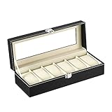 LINGFANSTORE Uhrenbox Uhrenkasten, Uhrenbox Herren für 6 Uhren, mit Glasfenster, Uhren Aufbewahrung aus PU Leder und Samt, von Uhren und Schmuck Aufbewahrung (Schwarz-W04B)