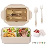 LUZOON Lunchbox, Bento Box Brotdose Erwachsene 1400ml mit 3 FäChern für Kinder inkl. Besteck, Jausenbox für Mikrowellen Und SpüLmaschinen, Schule, Arbeit, Picknick, Reisen, BPA Frei (Khaki+Saucenbox)