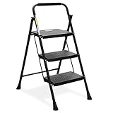 HBTower 3-Stufen-Leiter, Klapp-Step-Hocker mit breitem Anti-Rutsch-Pedal, stabile Stahlleiter, bequemer Handgriff, Leichter, tragbarer Stahl-Step-Hocker, schwarz