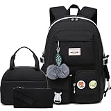 Lmeison Rucksack für Teenager, Mädchen, Laptop-Rucksack, Büchertaschen-Set mit Lunchbox, Geldbörse, Schwarz, 3 Stück, Casual