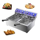 20 L Kommerzielle Fritteuse, 3KW + 3KW Elektrische Bratpfanne Aus Edelstahl Mit 60-Minuten-Timer, 60–200 ℃ Verstellbare, Abnehmbare Arbeitsplattenfritteuse Für Restaurants, Bars, Fast-Food-Restaurants