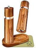 Salz und Pfeffermühle aus Akazienholz mit Untersetzer - Nachhaltiges FSC Holz - Langlebiges Keramikmahlwerk - Plastikfrei