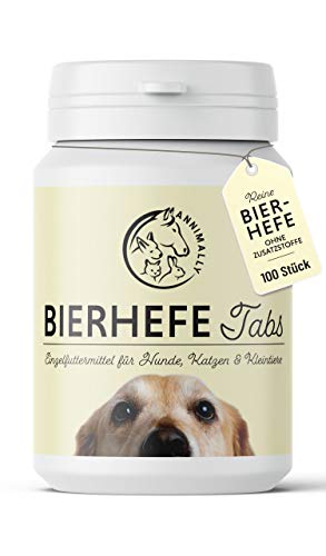 Annimally Bierhefe Hund 100 Tabletten für glänzendes Hundefell und Vitale Haut - 100% Reine Bierhefetabletten für Hunde Reduziert nährstoffmangel-bedingtes Haaren