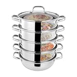 Edelstahl Dampfkocher Stapelbar Dampfgarer Dampfkochtopf 5 Etagen mit Glasdeckel Silber 30cm/28cm (Silber, 28CM)