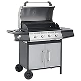 Gasgrill mit 4+1 Flammen, Grill mit 4-Brenner und Seitenablage, Grillwagen mit Rädern, Leicht zu bewegen, Robust und langlebig, 121,5 x 55 x 107 cm Schwarz und Silbern Stahl & Edelstahl