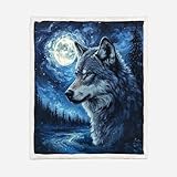 Kuscheldecke Flauschig 180x200 cm 3D Mond Nachthimmel Wolf Galaxie Muster Decke Kunst-Lammwolle Tagesdecke Samtig Verdickend Blanket Bequem Warm Sofadecke Fleecedecke Geeignet für alle Jahreszeiten