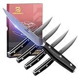 Piklohas Steakmesser Set of 4, 4.5 Zoll Glattklingen Dinnermesser, geschmiedete deutsche Stahl Damastmuster-Geradekanten-Fleischmesser mit durchgehendem Griff,ideal als Geschenk