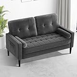 Aotumm Ciort 2 Sitzer Sofa, Kleine Sofa mit 2 Kissen und Armlehnen, Samt Sofa Mid-Century Moderne Couch, 2er Couch Loungesofa, Bequemes 2-Sitzer Sofa für Wohnzimmer, Wohnung, Schlafzimmer, Grau