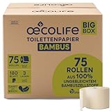 oecolife Toilettenpapier Box BAMBUS, 3-lagig, 75 Rollen á 180 Blatt, Großpackung, superweich, plastikfrei verpackt, vegan, nachhaltiges Klopapier
