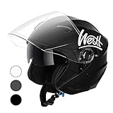 Westt Jethelm mit Visier & Sonnenblende Motorradhelm Herren Damen Roller Helm Mopedhelm Mofa Chopper Helm ECE DOT Zertifiziert (L (57-58 cm), Matt Schwarz)