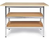 Ondis24 Werkbank Uwe 120cm Metallregal und Werktisch mit höhenverstellbaren Einlegeböden Packtisch verzinkt 92cm Arbeitshöhe mit Buchenarbeitsplatte (Melamin)