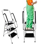 Klappbare Leiter 3 Stufen, Bibliotheksleiter Leiter,Stahl-Trittleiter mit Handlauf (150 kg, 38x26 cm Stufen) Bibliotheksleiter– Platzsparend für Haus & Garten
