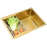Goldene Küchenspüle, handgefertigt, Einzelschüssel, Unterbau-Installation, leicht zu reinigende Bar-Vorbereitungsspüle mit Abfluss, 60 x 40 cm, stilvolles Gold-Finish