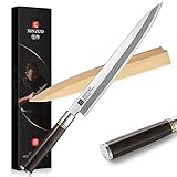XINZUO 27cm Yanagiba Messer X7Cr17MoV Edelstahl, Sashimi Sushi Messer Einzelfase Klinge-Japanisches Kochmesser Profi Fischmesser Ebenholzgriff -mit Scheide aus Birkenholz