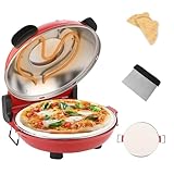 YIBAKE Pizzaofen elektrisch, 1200W Pizzabäcker in 4-Min-Pizza, 31cm Feuerfeste Pizzastein, Max 420℃ Pizzaofen mit 5 Garstufen, inkl. Pizzaschaber & Pizzaschieber & Rezeptbuch, Rot
