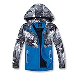 MGEOY Regenjacke für Jungen und Mädchen, leicht, wasserdicht, mit Kapuze und Fleece gefüttert, Windbreaker für Kinder, Graues Camouflage (Futter: Fleece), 12-14 Years