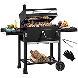 YITAHOME XXL Holzkohlegrill BBQ Smoker Grillwagen mit Deluxe Gusseisenrost & Emaille-Kohlenstoffpfanne, Thermometer, Standgrill für Party, Camping, Garten, inkl. Küchenzange und Handschuh