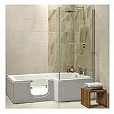 Badewanne mit Tür, Seniorenbadewanne 170x85/70x53cm mit Duschkabine,Wannenschürze und Ablauf/Sifon, Ausführung RECHTS