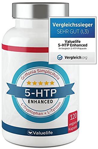 5-HTP Enhanced: 180mg 5 HTP aus Griffonia Simplicifolia Extrakt I Plus: Tryptophan, Tyrosin, Gotu Kola & Vitamin B6, B12 - VERGLEICHSSIEGER 2023* - 120 vegane Kapseln von VALUELIFE