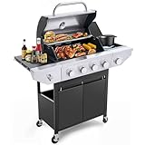 Tufons Propangas-Grill mit 4 Brennern und Seitenbrenner und Warmhalterost, Edelstahl-Gasgrill mit 46.500 BTUs Ausgang für Outdoor, Camping, Grillen und Hinterhofkochen, Schwarz und Silber