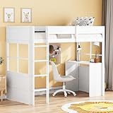 Aoskem Kinderbett Hochbett 90x200, Etagenbett Hausbett mit Leiter & Schreibtisch Unterbett, Holzbett Bettgestell Einzelbett Kinderbett mit Rausfallschutz und Lattenrost, Ohne Matratze (Weiß)