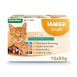 IAMS Delights Land & Sea Collection Katzenfutter Nass - Multipack mit Fleisch und Fisch Sorten in Gelee, Nassfutter für Katzen ab 1 Jahr, 12 x 85 g