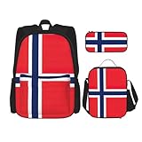 JIPOFD Rucksack mit norwegischer Flagge, Büchertaschen-Set mit Lunchtasche und Federmäppchen, großes Fassungsvermögen, Rucksack mit Lunchtasche, Schwarz, Einheitsgröße
