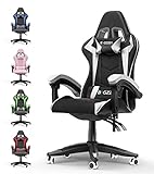 bigzzia Gaming Stuhl Ergonomisch - Gamer Stühle mit Lendenkissen + Kopfstütze Gaming Chair Höhenverstellbar Bürostuhl Computerstuhl für Erwachsene Mädchen Junge, Schwarz-Weiß