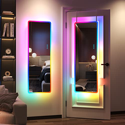 LVSOMT Ganzkörperspiegel mit Beleuchtung,RGB-Farbwechselspiegel,Ganzkörperspiegel zur Wandmontage, hängender Spiegel über der Tür,14 LED-Leuchten + dimmbare Helligkeit + einstellbare Geschwindigkeit