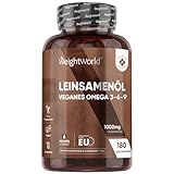 Omega 3 6 9 Weich-Kapseln - Aus Leinsamenöl - 180 Vegan Softgels - 1000mg pro Weichkapsel - Alternative zu Algenöl - Alpha Linolensäure, Linolsäure, Ölsäure - Flaxseed oil - WeightWorld