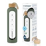 Wessper Wasserflasche aus glas mit Zeitmarkierung, Auslaufsicher Borosilikatglas Trinkflasche, BPA- Frei Motivierende Glasflasche mit Silikonhülle- 500ml Olive