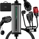 GONEO Mobile Wallbox 11kw mit Schuko & CEE Stecker rot e auto Ladestation | Aluminiumgehäuse | Typ 2 mit 7m Ladekabel | 3-phasig 16A einstellbare Ladeleistung,geplantes Laden für Elektroauto Ladegerät