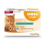 IAMS Delights Senior Katzenfutter Nass - Multipack mit Huhn und Fisch in Sauce, hochwertiges Nassfutter für ältere Katzen ab 7 Jahre, 12 x 85 g
