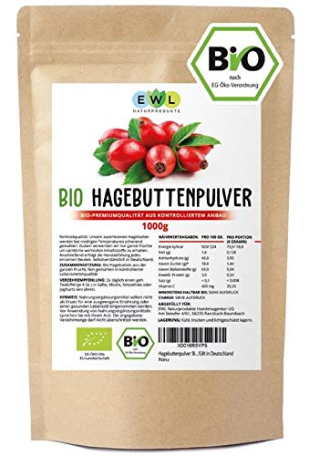 Hagebuttenpulver Bio 1kg Bio Hagebuttenpulver | Ganze gemahlene Hagebutte | Hagebuttenpulver aus kontrolliertem Anbau | Rohkostqualität | Kontrolliert und abgefüllt in Deutschland