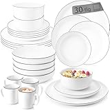 SÄNGER | Kombiservice Marlo Black Rim Weiß/Schwarz, 30tlg Geschirrset für 6 Personen mit Speise-, Dessert-, Schalen, Müslischalen und Kaffeebechern aus Porzellan | PREMIUM COLLECTION