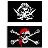 GAKA FAVOR 150x90 cm Piraten Flagge - Jolly Roger Schädel Brust gekreuzte Knochen Polyester für Piratenparty Halloween Outdoor Decor(2 Stück
