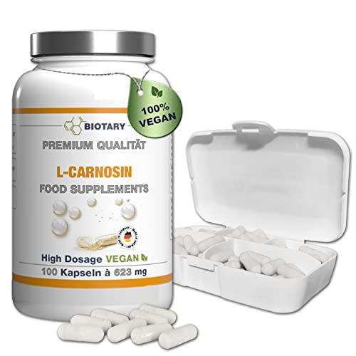 BIOTARY L-CARNOSIN 100 Kapseln a 500mg, INCLUSIVE PILLENBOX, 100% Vegan, hochdosiert und ohne Zusatzstoffe, hohe Bioverfügbarkeit, Laborgeprüft, Made in Germany
