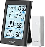 BALDR Wetterstation Funk mit Außensensor, Digital DCF-Funkuhr Thermometer Innen/Außen Temperaturanzeige Funk,Raumthermometer,Hygrometer, Wettervorhersage, Uhrzeitanzeige, Wecker,3.7 Zoll Display