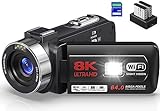 Videokamera 8K 64MP Camcorder 18X Digital Zoom IR-Nachtsicht Videokamera für YouTube 3,0 Zoll Touchscreen Vlogging-Kamera mit 32 GB SD-Karte, 2,4 G-Fernbedienung, Batterien und Externem Mikrofon