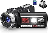 Delmodes 8K 64MP Videokamera Camcorder 18X Digitalzoom IR-Nachtsicht YouTube Vlogging Kamera, 3,0 Zoll Touchscreen WLAN Camcorder mit Mikrofon, 32 GB SD-Karte, Fernbedienung und 2 Batterien