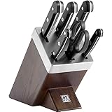ZWILLING Gourmet Selbstschärfender Messerblock, 7-teilig, Messerset und Schere aus rostfreiem Spezialstahl/Kunststoff-Griff, Holzblock Esche, Braun [Made in Germany]