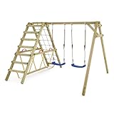 WICKEY Kinderschaukel Schaukelgestell Smart Hike blau - Schaukel & SurfSwing, Schaukelgerüst, Doppelschaukel, Holzschaukel mit Kletteranbau für Kinder im Garten