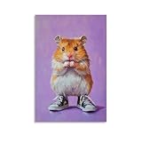 ZLLJXFZZ Tier-Ölgemälde eines Hamsters in Sneakers, der einen Pop-Shove-it auf einem minimalistischen lila Hintergrund durchführt, Wandkunst, moderne Dekoration, hängendes Kunstposter, 60 x 90 cm