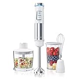 Arendo - Stabmixer Edelstahl 1200 Watt Set - Pürierstab - stufenlose Geschwindigkeit - 4-flügeliges Messer - 800 ml Messbecher – Schneebesen - abnehmbarer Mixfuß