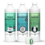 Camping Hygiene-Zusätze Set 3-teilig: Bio Sanitärflüssigkeit 1l + Frischwassertank-Reiniger 1l + Grauwassertank-Zusatz 1l - Effektive Geruchsbekämpfung & frische Sauberkeit für alle mobilen Tanks