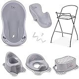 Baby Badewanne mit Gestell 7 Set TÜV Rheinland geprüft - Babybadewanne + Baby Badewannensitz + Ständer + Abfluss + Töpfchen + Hocker + WC Sitz Kinder