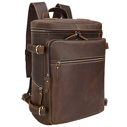 TIDING Leder Rucksack Herren 15,6 Zoll Laptop-Tasche für Männer Trolly Strap, große Kapazität Braun Daypack Schulbuchtasche Laptoprucksack Tote