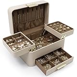 KAMIER Schmuckaufbewahrung, 3 Ebenen PU Schmuckkästchen groß,1 Schmuckaufbewahrung, Multifunktional Schubladeschmuck Organizer, Damen Schmuck Ohrringe Ring Box(Beige)