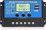 [Verbessert] 30A Solarladeregler 12V/24V Solar Ladegerät Controller, PWM Solarpanel Intelligente Solarregler mit einstellbarem LCD-Display, Dual-USB-Port, Timer-Einstellung, Automatische Parameter