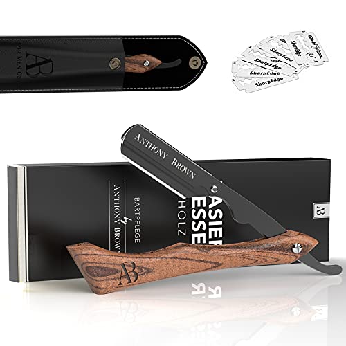 Anthony Brown® Rasiermesser Holz in Schwarz oder Silber - einzigartiger Klingenkopf für mehr Präzision - mit Wechselklingen und Etui - Rasiermesser Set